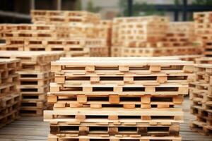 Stapel von hölzern Palette. industriell Holz Palette beim Fabrik Lagerhaus. Ladung und Versand. Nachhaltigkeit von liefern Ketten. umweltfreundlich und nachhaltig Eigenschaften. verlängerbar Holz Palette. generativ ai. foto