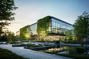 umweltfreundlich Gebäude im das modern Stadt. nachhaltig Glas Büro Gebäude mit Baum zum reduzieren Kohlenstoff Dioxid. Büro Gebäude mit Grün Umfeld. korporativ Gebäude reduzieren co2. generativ ai. foto