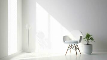 ein Weiß Stuhl steht im ein Weiß Zimmer in der Nähe von das Fenster.. ai generativ foto
