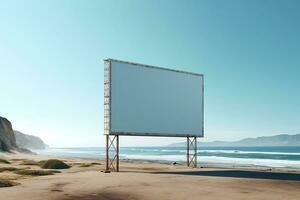 spotten oben Weiß draussen Werbung Poster auf das Strand. ai generativ foto