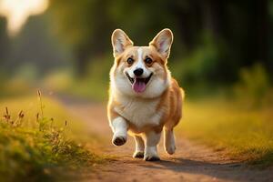 ein Corgi Hund läuft entlang ein Pfad im das Wald. ai generiert foto