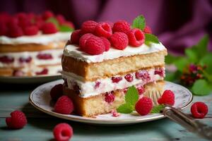 ein Stück von Kuchen mit Himbeeren und Creme. ai generiert foto