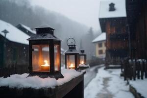 Weihnachten Feierlichkeiten und Festival im klein Dorf und Winter Wetter mit fallen Schnee generativ ai foto