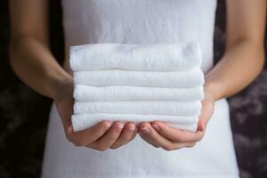 ein Frau hält Weiß Handtücher. generiert durch künstlich Intelligenz foto