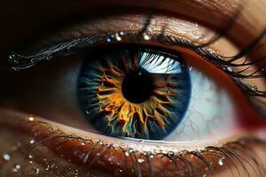 groß Porträt von ein weiblich Mensch Auge mit farbig Kontakt Linsen. ai generiert foto