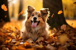 das Hund ist Lügen im das Herbst Wald. warm Herbst. generiert durch künstlich Intelligenz foto