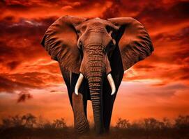 Elefant Stehen im Vorderseite von heftig Sonnenuntergang. generativ ai. foto