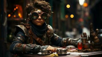 ein Junge tragen Goggle im Steampunk Stil Sitzung beim ein Computer, Teenager Hacker Sitzung beim alt Laptop im dystopisch Zukunft mit verschwommen Straße Hintergrund, generativ ai foto