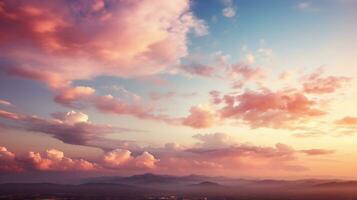 Pastell- Himmel mit Sanft und voll wolkig Über Stadt und Berg, generativ ai. foto