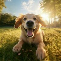 ai generativ hoch Qualität Foto von ein glücklich Hund spielen Ball auf das Gras