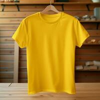 ai generativ hoch Qualität leer T-Shirt im Gelb Farbe, perfekt zu erstellen Attrappe, Lehrmodell, Simulation Vorschau foto