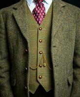 Porträt von Gentleman im Tweed passen und Leder Handschuhe Stehen elegant. Jahrgang Stil und retro Mode von Englisch Gentleman. foto