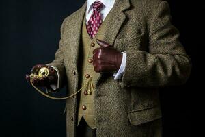 Porträt von Gentleman im Tweed passen und Leder Handschuhe Stehen elegant. Jahrgang Stil und retro Mode von Englisch Gentleman. foto