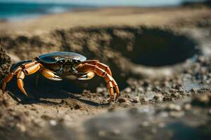 ein Krabbe ist Stehen im Vorderseite von ein Loch durch das Meer KI-generiert foto