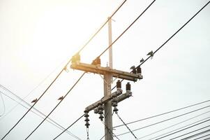 elektrisch Stangen und hoch Stromspannung Kabel foto