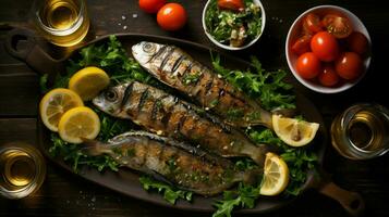gegrillt Sardinen mit Salat, Brot und Kartoffel, Portugal Luxus Hintergrund foto