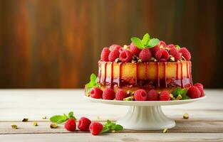 köstlich Himbeere Kuchen mit frisch Erdbeeren, Himbeeren, Blaubeeren, Johannisbeeren, und Pistazien auf hölzern Hintergrund generativ ai foto