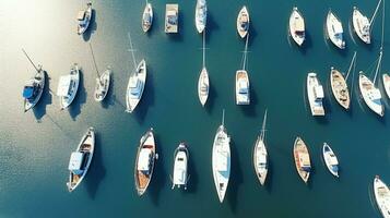 ein von oben nach unten Antenne Aussicht von Segelboote und Yachten angedockt beim das Yacht Verein. foto