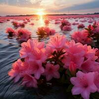 Azalee, Sonnenaufgang Blumen Wasser Landschaft Zoomen schließen oben Farbe duftend schön Selten Rosa generativ ai foto