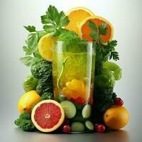 frisch Saft gießt von Obst und Gemüse in das Glas isoliert auf Weiß Hintergrund foto