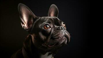 Französisch Bulldogge Porträt auf schwarz Hintergrund generativ ai, ai generiert foto