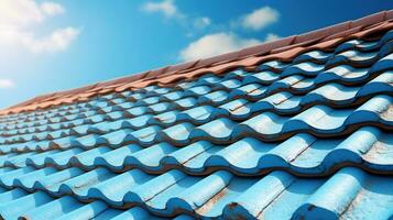 modern Dach auf ein Dach mit ein Blau Himmel Hintergrund generativ ai, ai generiert foto