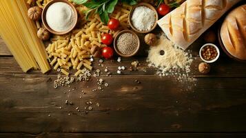 Gluten kostenlos Lebensmittel. verschiedene Pasta, brot, Snacks und Mehl auf hölzern Hintergrund von oben Aussicht foto