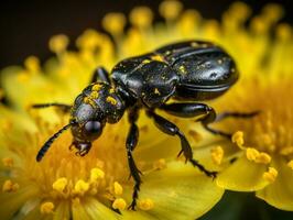 Makro Fotografie - - Erfassen das kompliziert Einzelheiten von ein Käfer auf ein Blume - - ai generiert foto