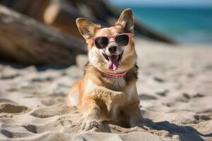 pfötchen strahlend - - ein Sonnenbrille tragend Hund bringt Sommer- Stimmung zu das Strand - - ai generiert foto