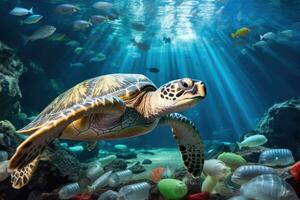 das verheerend Einschlag von Plastik Verschmutzung auf unser Ozeane - - ein Meer Schildkröten Geschichte - - ai generiert foto
