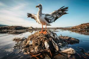 Möwe auf verschmutzt Fluss Müll mit Ozean Hintergrund - - Umwelt Besorgnis, Sorge Tierwelt Szene - - ai generiert foto