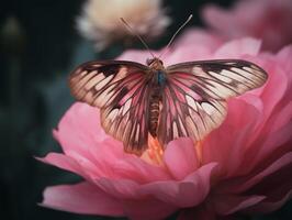 ein heiter Moment - - Erfassen das Schönheit von ein Rosa Blume und Motte im natürlich Licht - - ai generiert foto