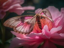der Natur Schönheit - - ein atemberaubend Nahansicht von ein Rosa Blume und Motte - - ai generiert foto