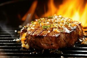 brutzelnd Rindfleisch Steak auf heiß Herd - - Nahansicht Essen Schuss mit appetitlich Aroma und Säfte sprudelnd im Küche - - Kochen, Appetit, Nahansicht. - - ai generiert foto