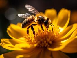 Biene bestäubend hell Gelb Blume mit verschwommen natürlich Hintergrund im Nahansicht Makro Fotografie - - ai generiert foto