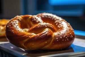 Brezel mit Sesam Saat Sitzung auf ein Teller ai generativ foto