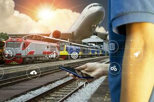 Geschäftsmann Konzept benutzt zum Schiene und Luft Transport Ladung Flugzeug International Handel foto