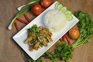Hähnchen Salat mit geröstet Reis thailändisch Essen thailändisch Straße Essen foto