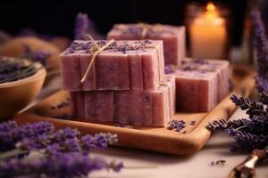 Riegel von handgemacht Lavendel Seife mit Lavendel Blumen ai generiert foto