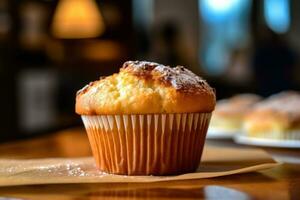 Muffin sitzt auf oben von ein hölzern Tabelle ai generativ foto