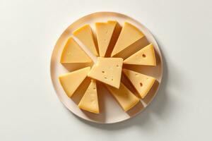 geschnitten Käse auf ein Teller auf ein Weiß Hintergrund ai generiert foto