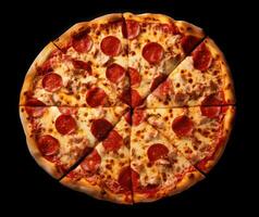 ein Peperoni Pizza auf ein schwarz Hintergrund ai generativ foto
