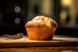 Muffin sitzt auf oben von ein hölzern Schneiden Tafel ai generativ foto