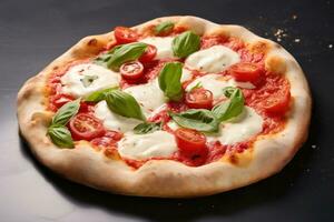 ein Pizza mit Tomaten, Mozzarella und Basilikum auf ein hölzern Tafel foto