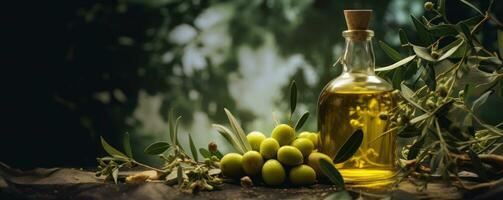 Olive Öl und Grün Oliven auf ein hölzern Tabelle ai generiert foto