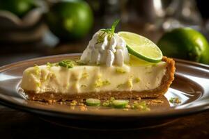 ein Scheibe von Schlüssel Limette Kuchen auf ein Teller ai generiert foto