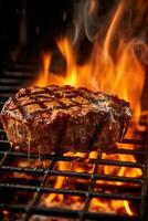 ein Rindfleisch Steak ist Sein gekocht auf ein Grill mit Feuer Flammen ai generativ foto