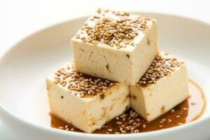 hausgemacht Tofu Käse mit Sesam Saat auf ein Teller isoliert gegen Weiß ai generiert foto