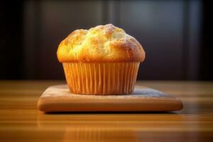 Muffin sitzt auf oben von ein hölzern Schneiden Tafel ai generativ foto