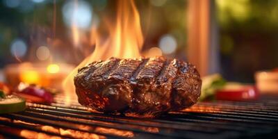 ein Steak ist Sein gekocht auf ein Grill im Vorderseite von Flammen ai generiert foto